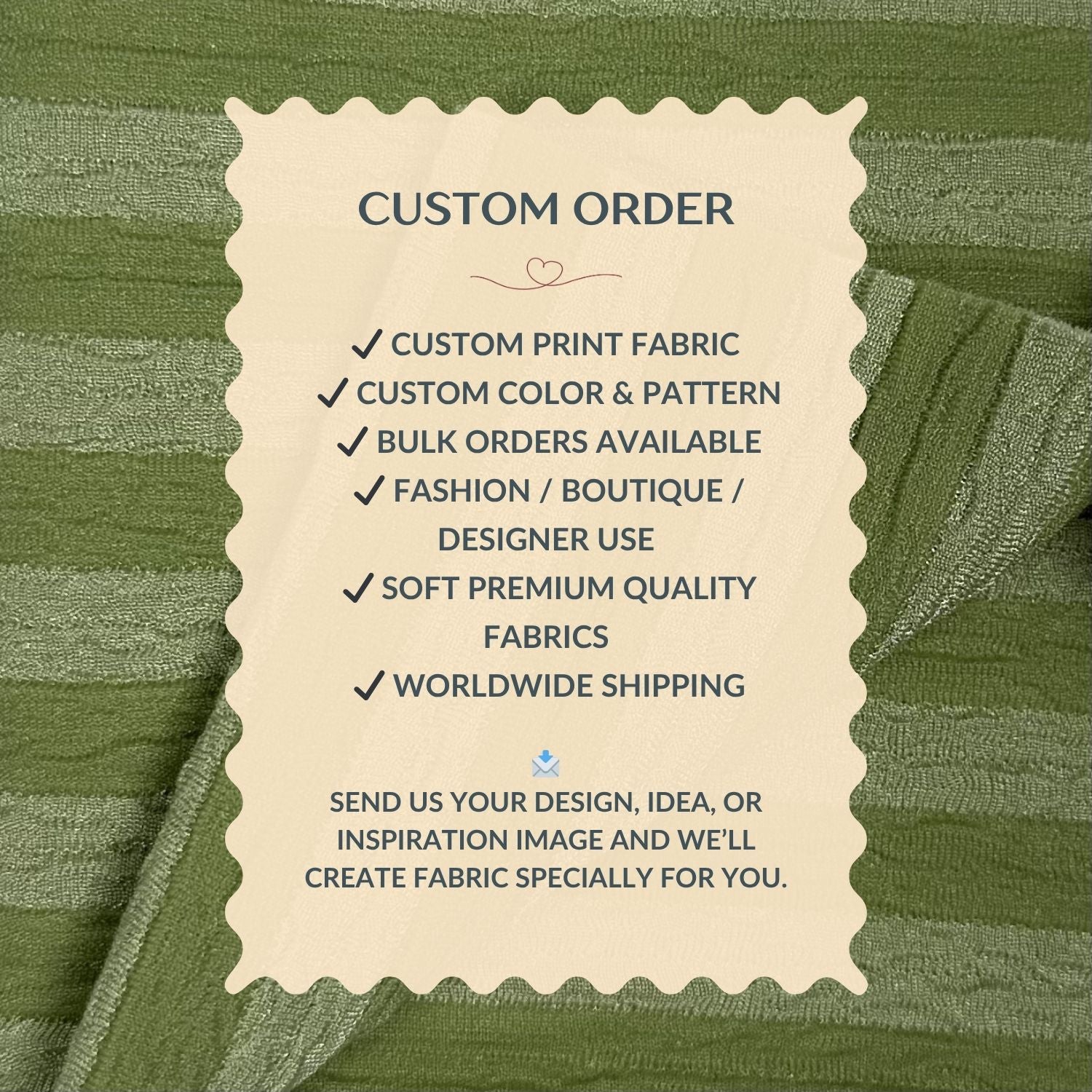 Custom order information card on a green fabric background
