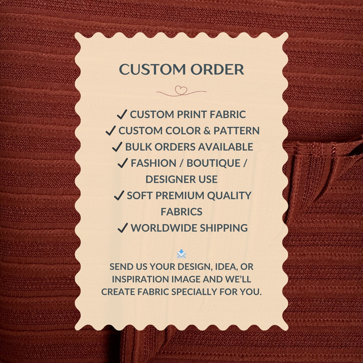 Custom order information card on a brown fabric background