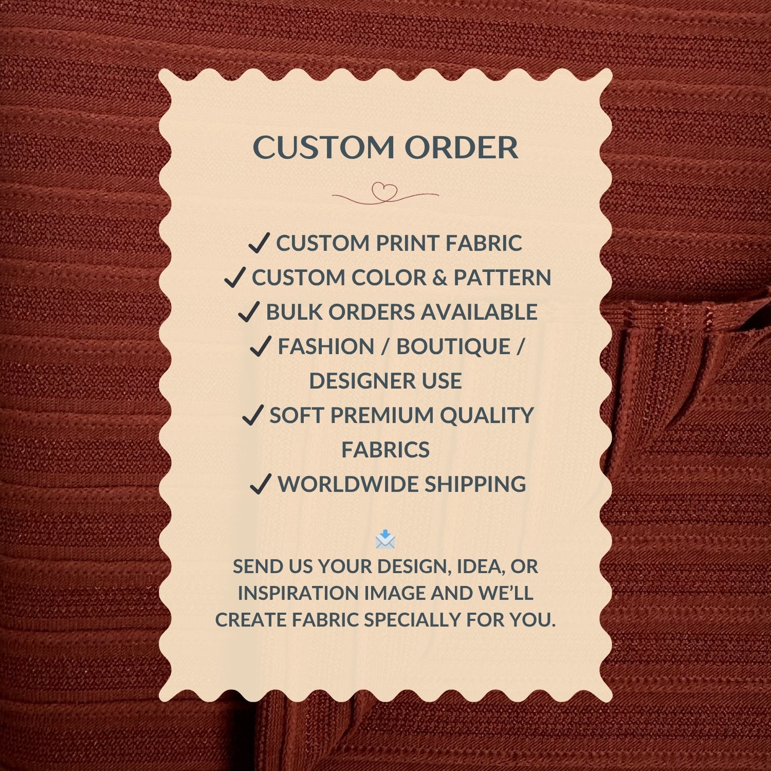 Custom order information card on a brown fabric background