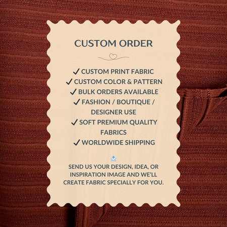 Custom order information card on a brown fabric background