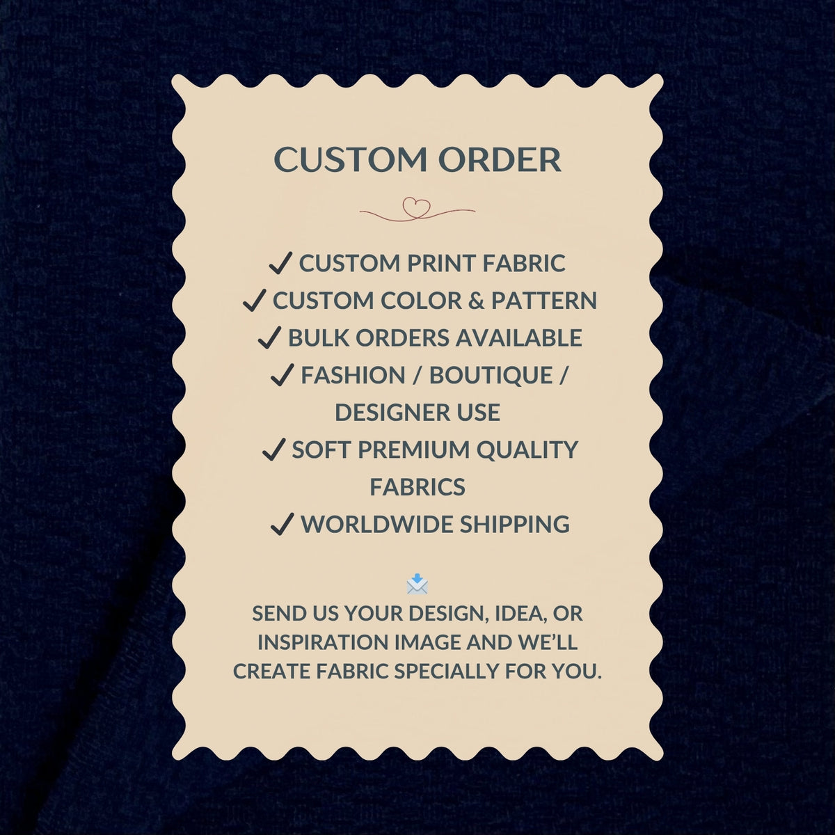 Custom order information card on a dark fabric background