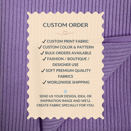 Purple fabric with a beige label detailing custom order options.