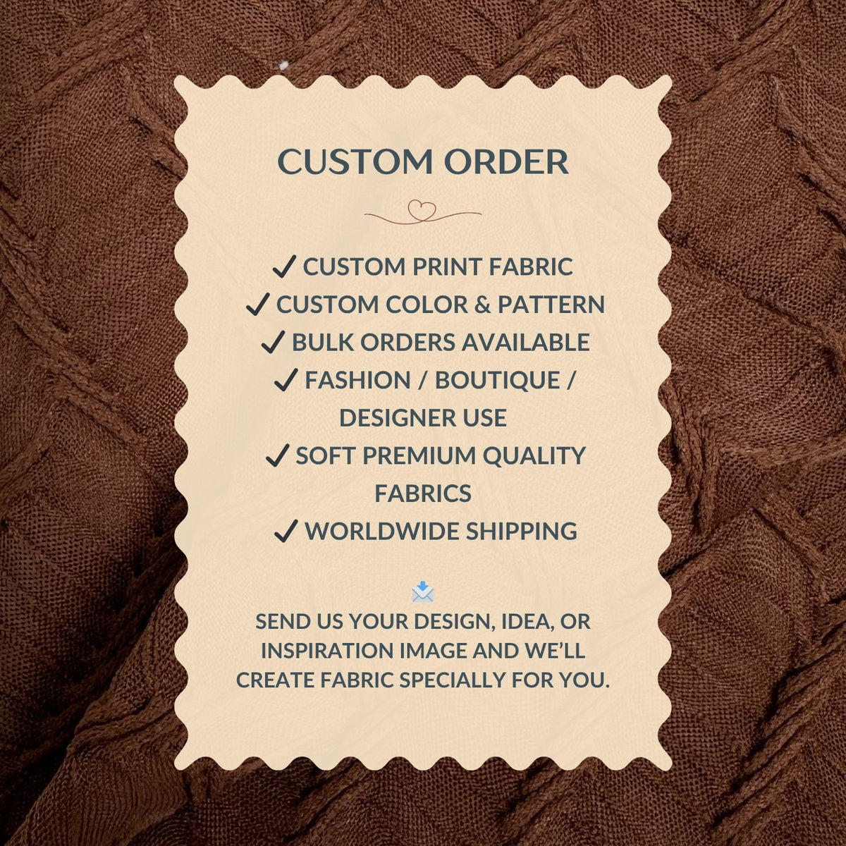 Custom order information card on a brown textured fabric background