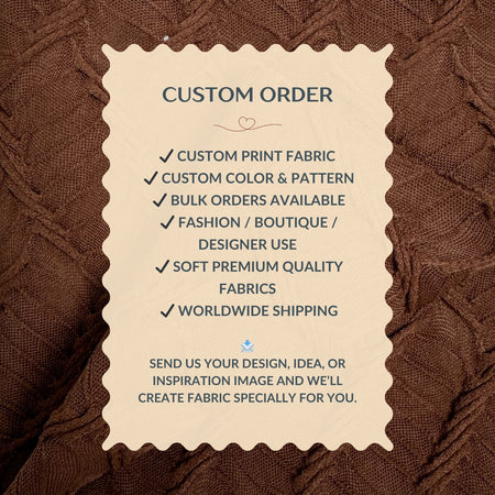 Custom order information card on a brown textured fabric background