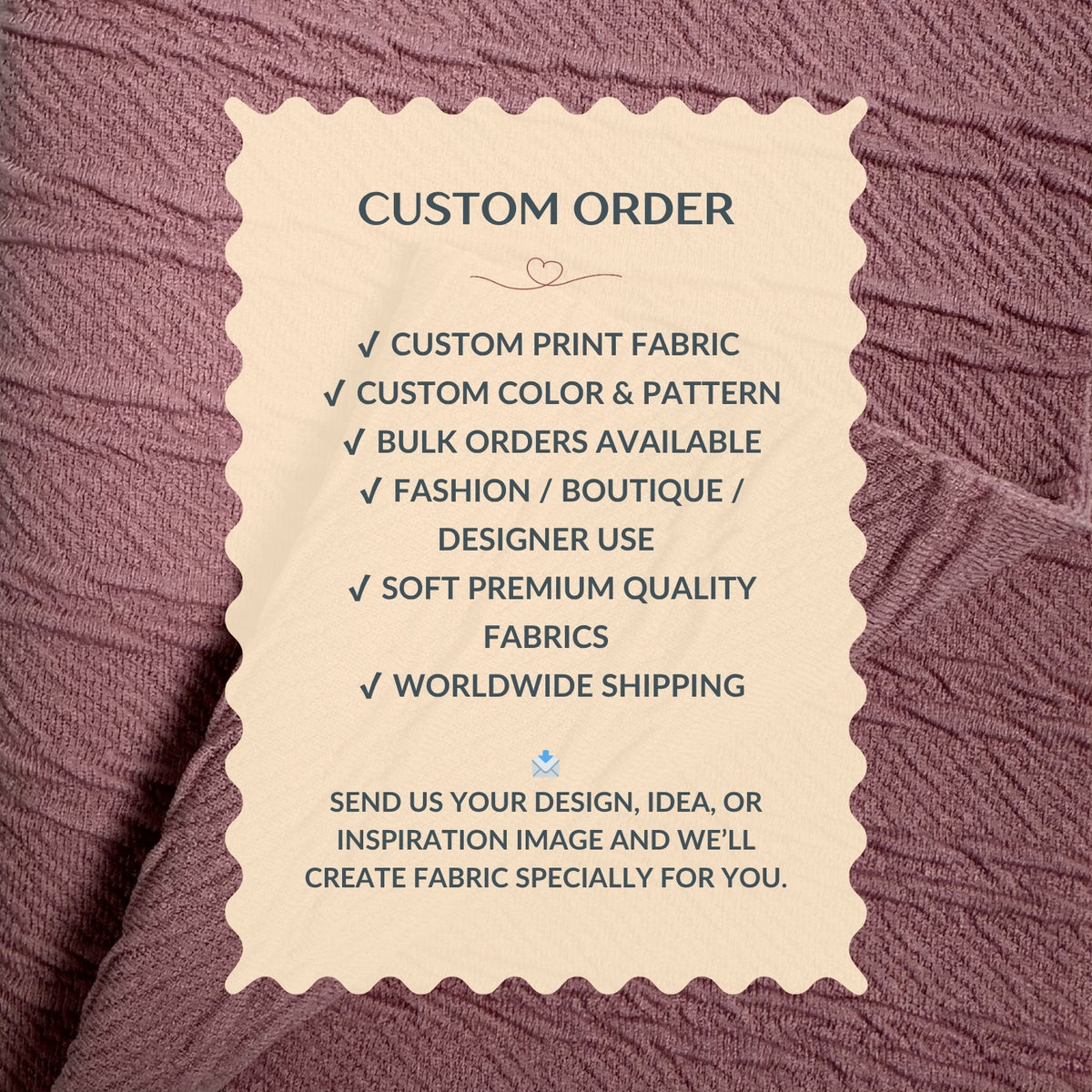 Custom order information card on a textured fabric background