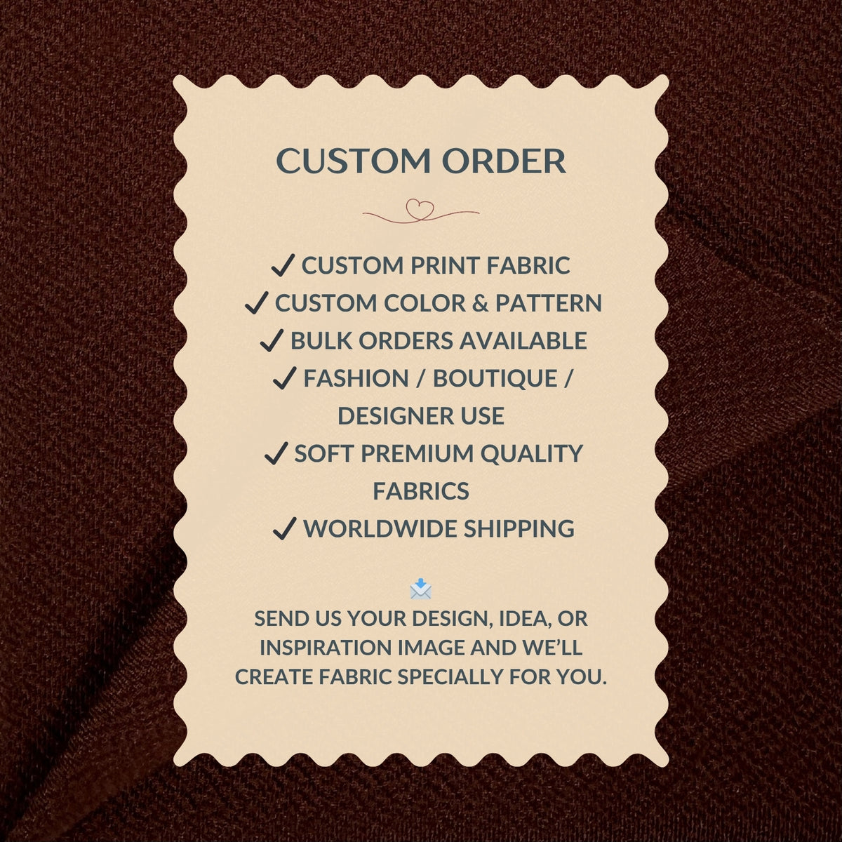 Custom order information card on a brown fabric background