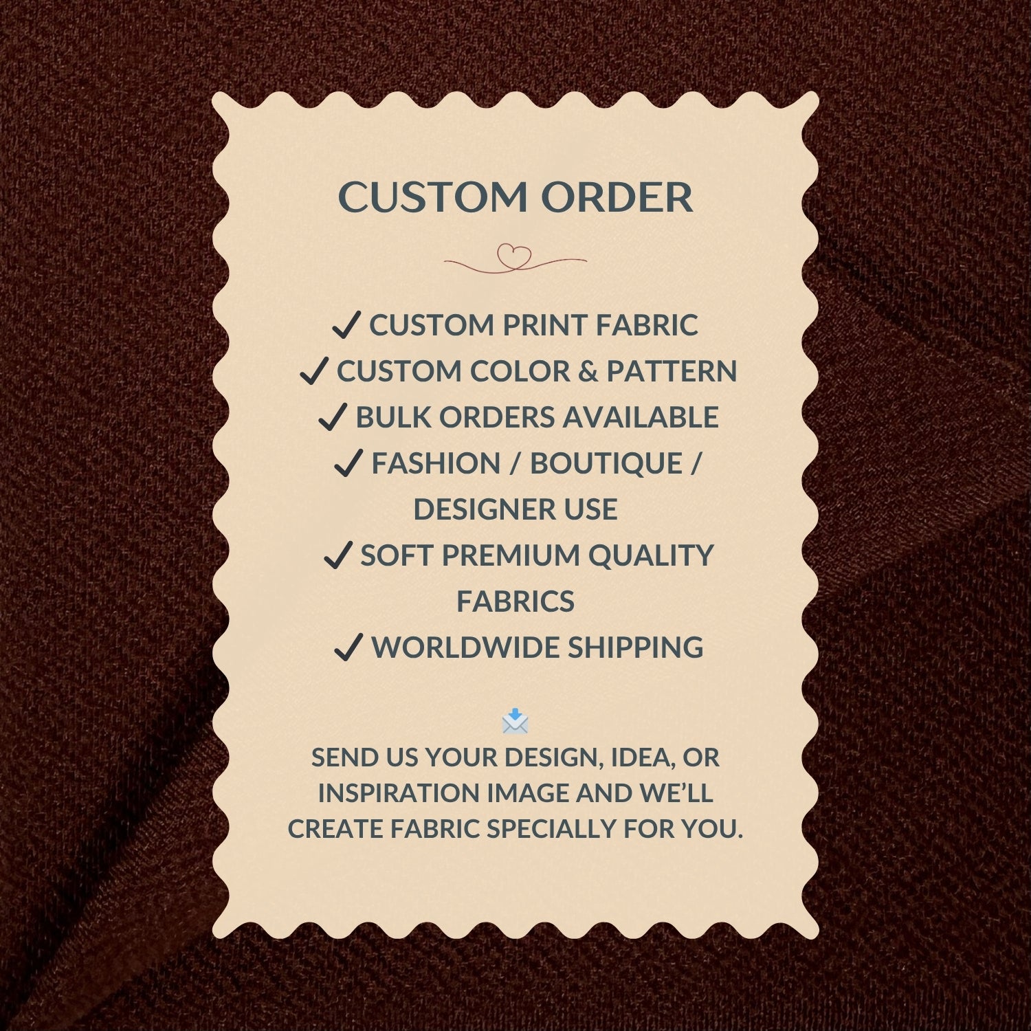 Custom order information card on a brown fabric background