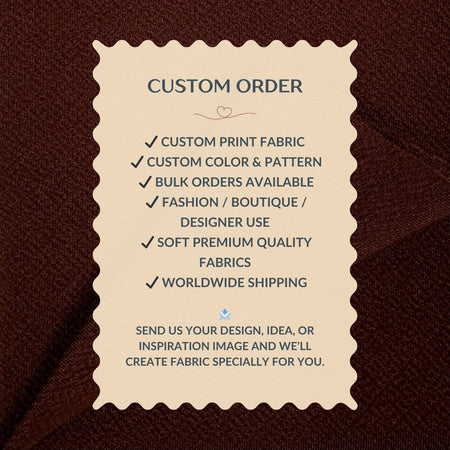 Custom order information card on a brown fabric background