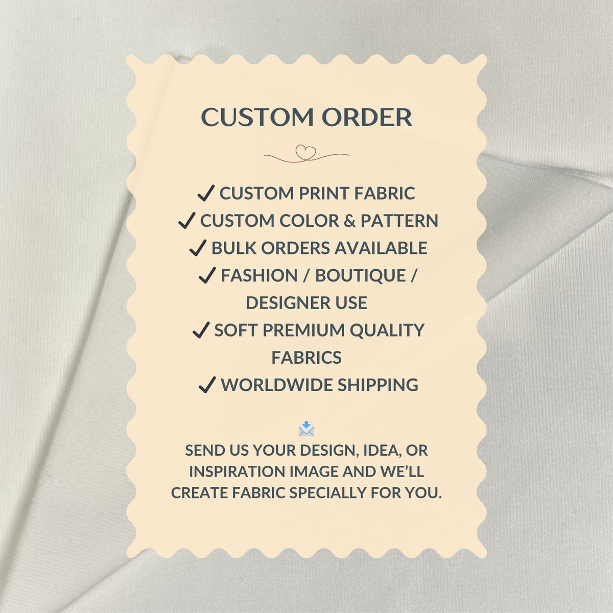 Custom order information card on a fabric background
