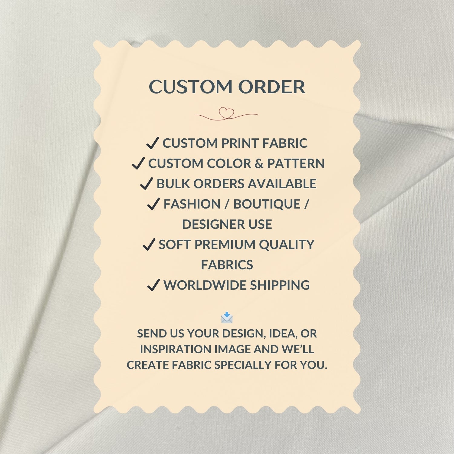 Custom order information card on a fabric background