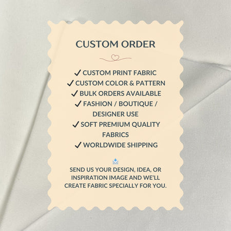 Custom order information card on a fabric background