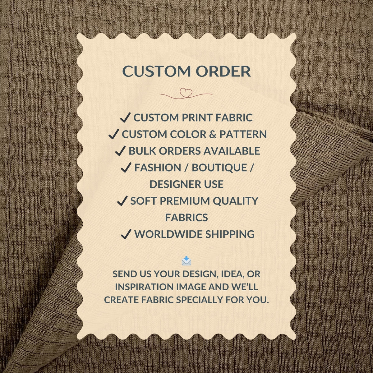 Custom order information card on a fabric background