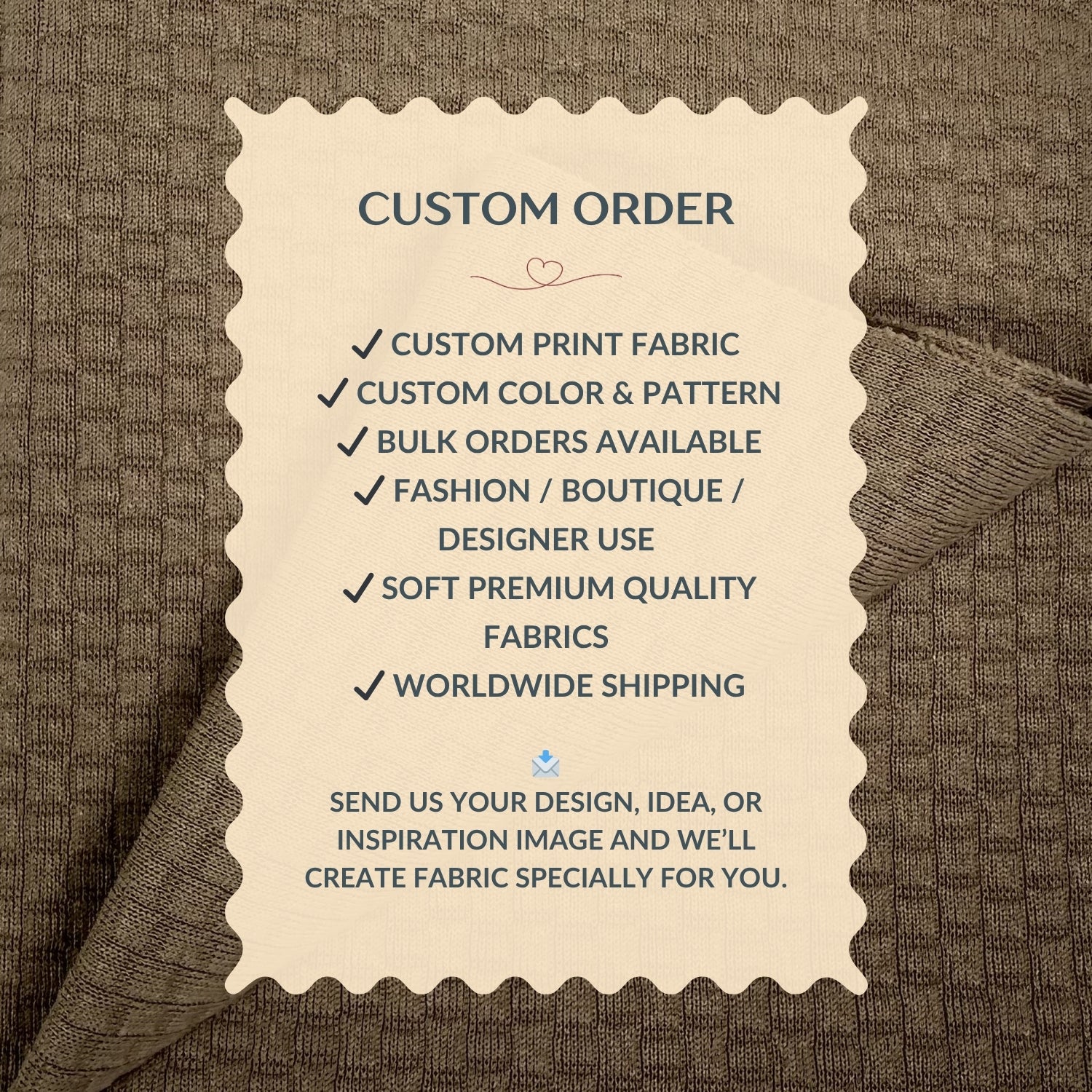 Custom order information card on a fabric background