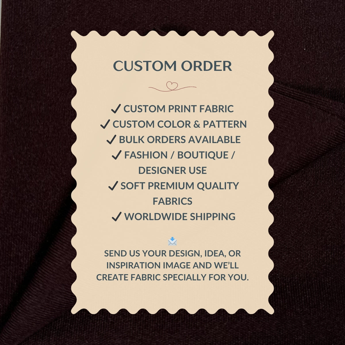 Custom order information card on a dark fabric background