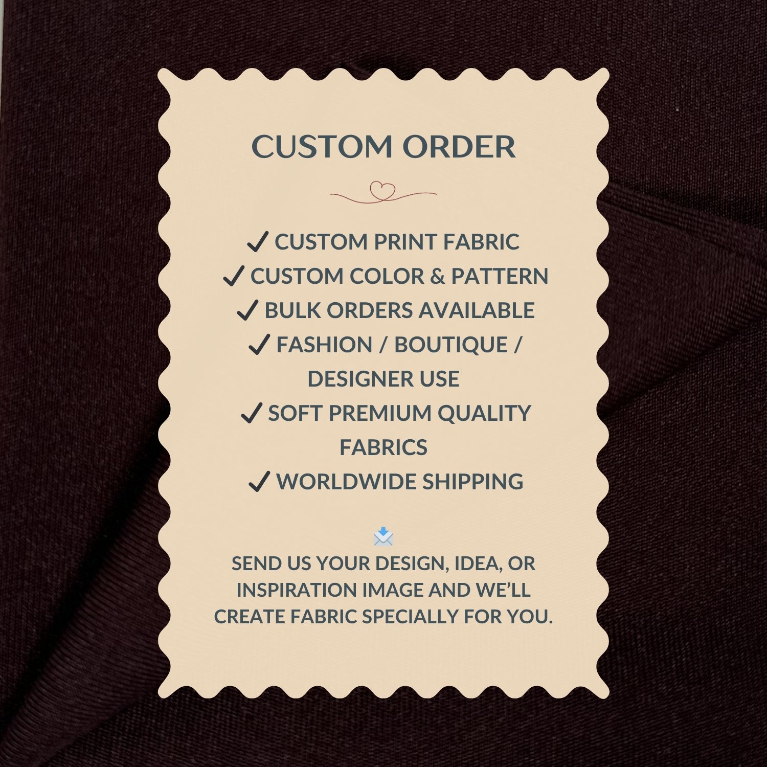 Custom order information card on a dark fabric background
