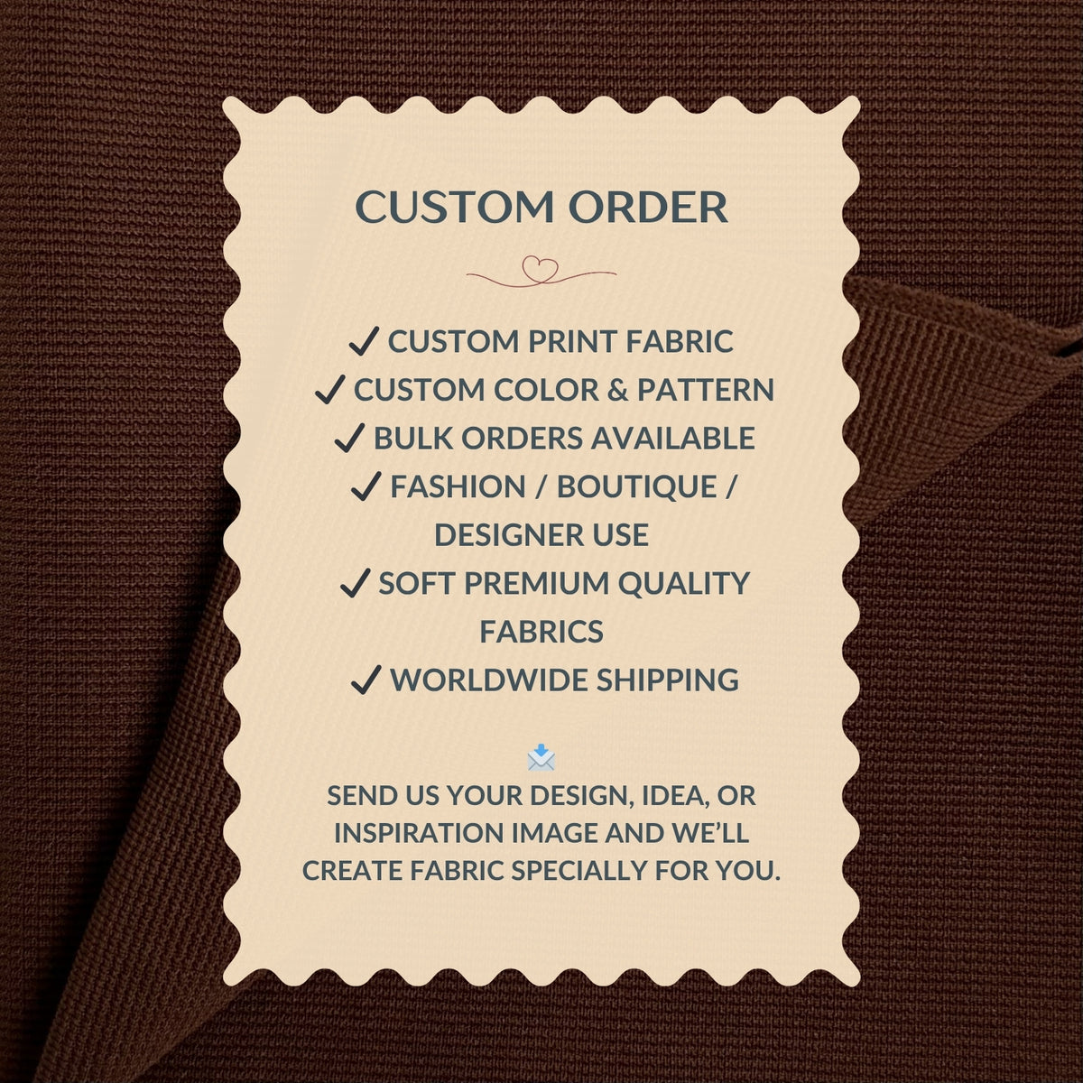 Custom order information card on a brown fabric background