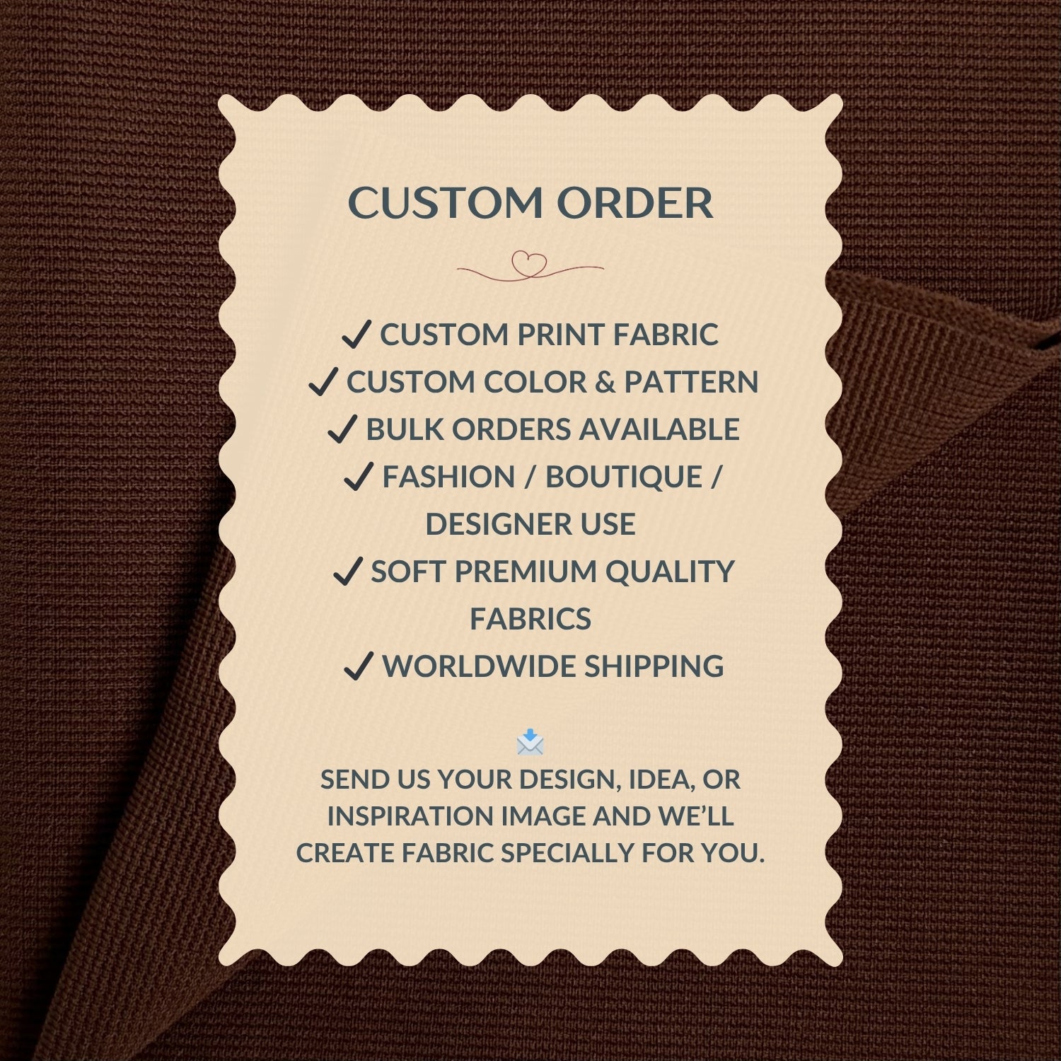 Custom order information card on a brown fabric background