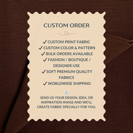 Custom order information card on a brown fabric background