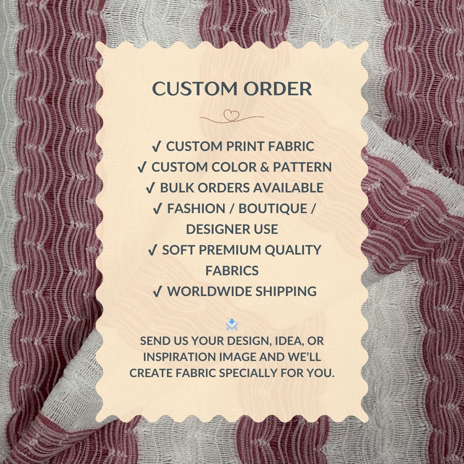 Promotional text for custom order services with fabric background