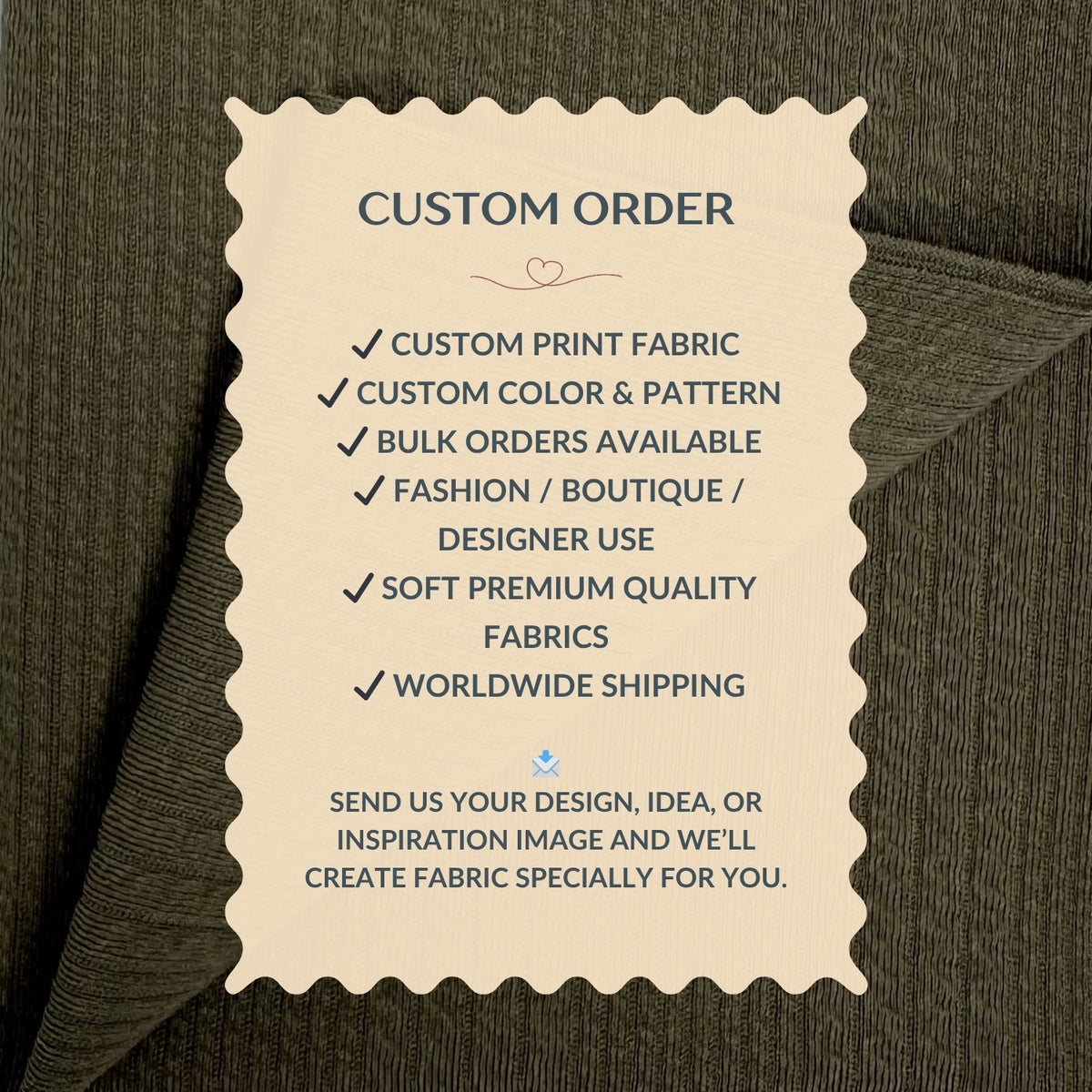 Custom order information card on a fabric background