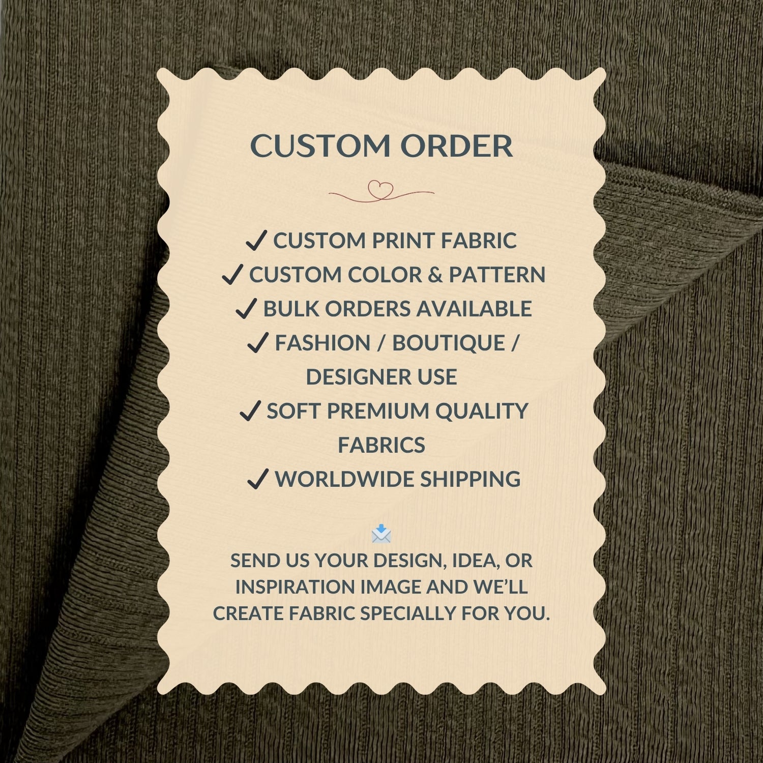 Custom order information card on a fabric background