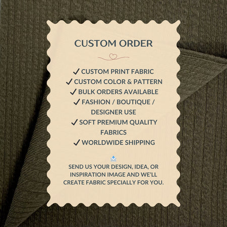 Custom order information card on a fabric background