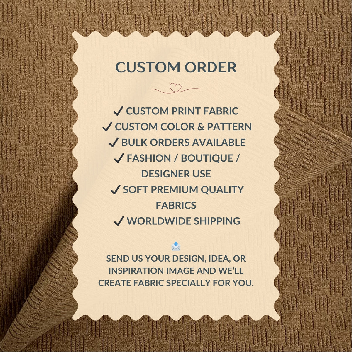 Custom order information card on a textured brown fabric background