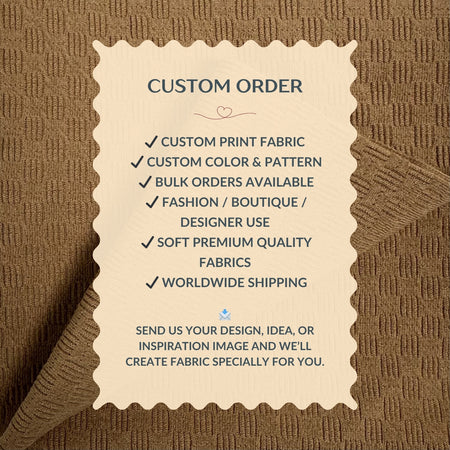 Custom order information card on a textured brown fabric background
