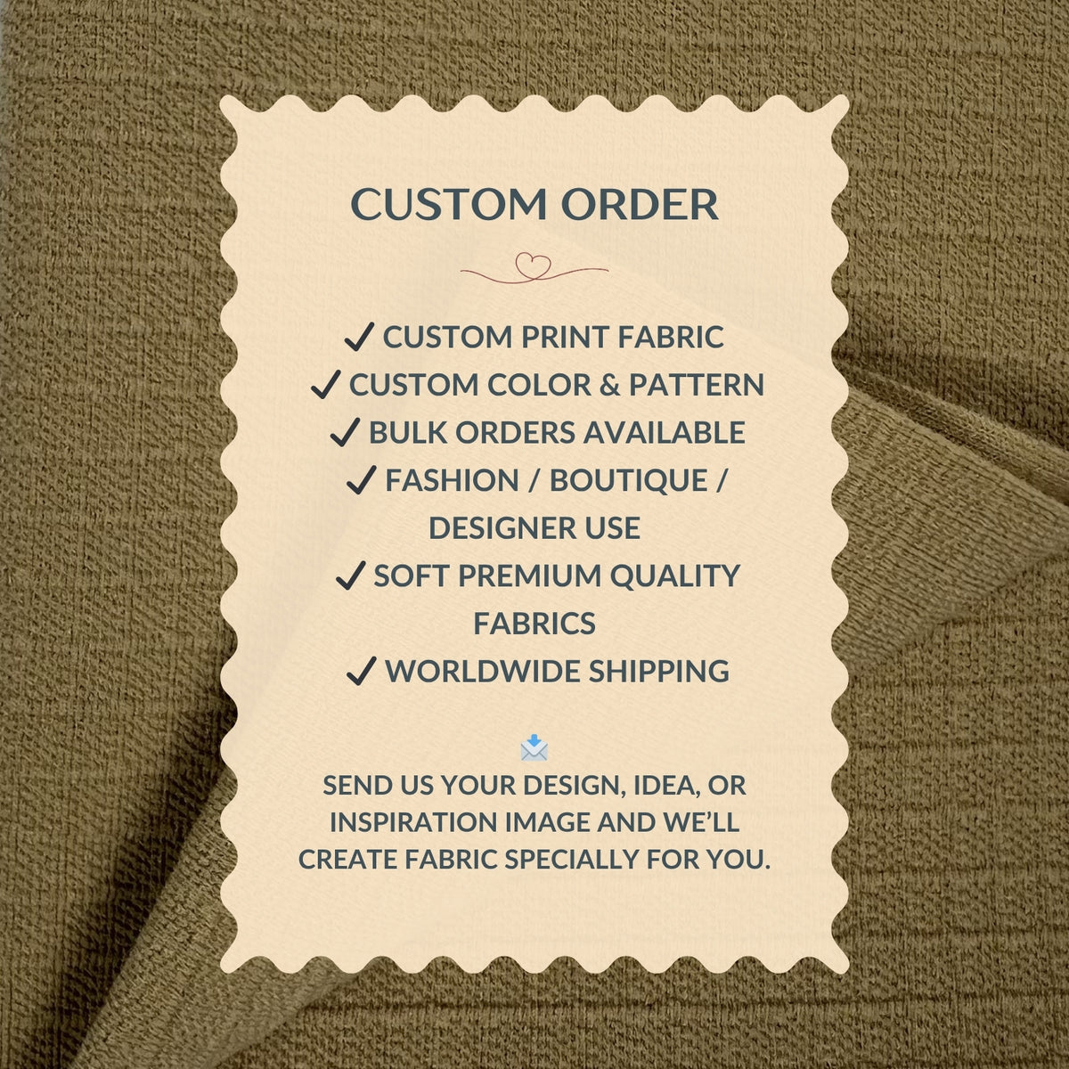 Custom order information card on a fabric background