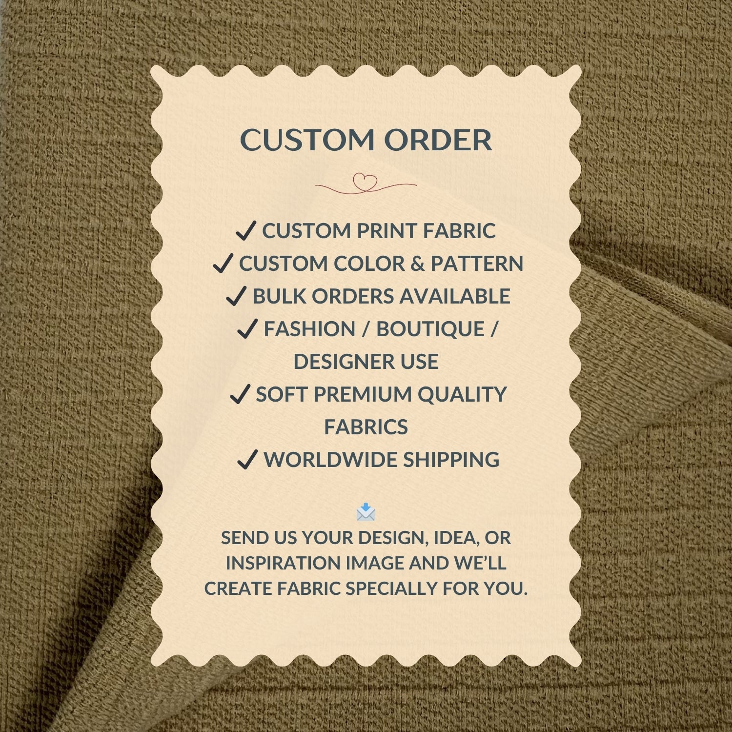 Custom order information card on a fabric background