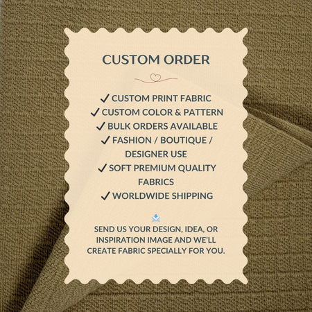 Custom order information card on a fabric background