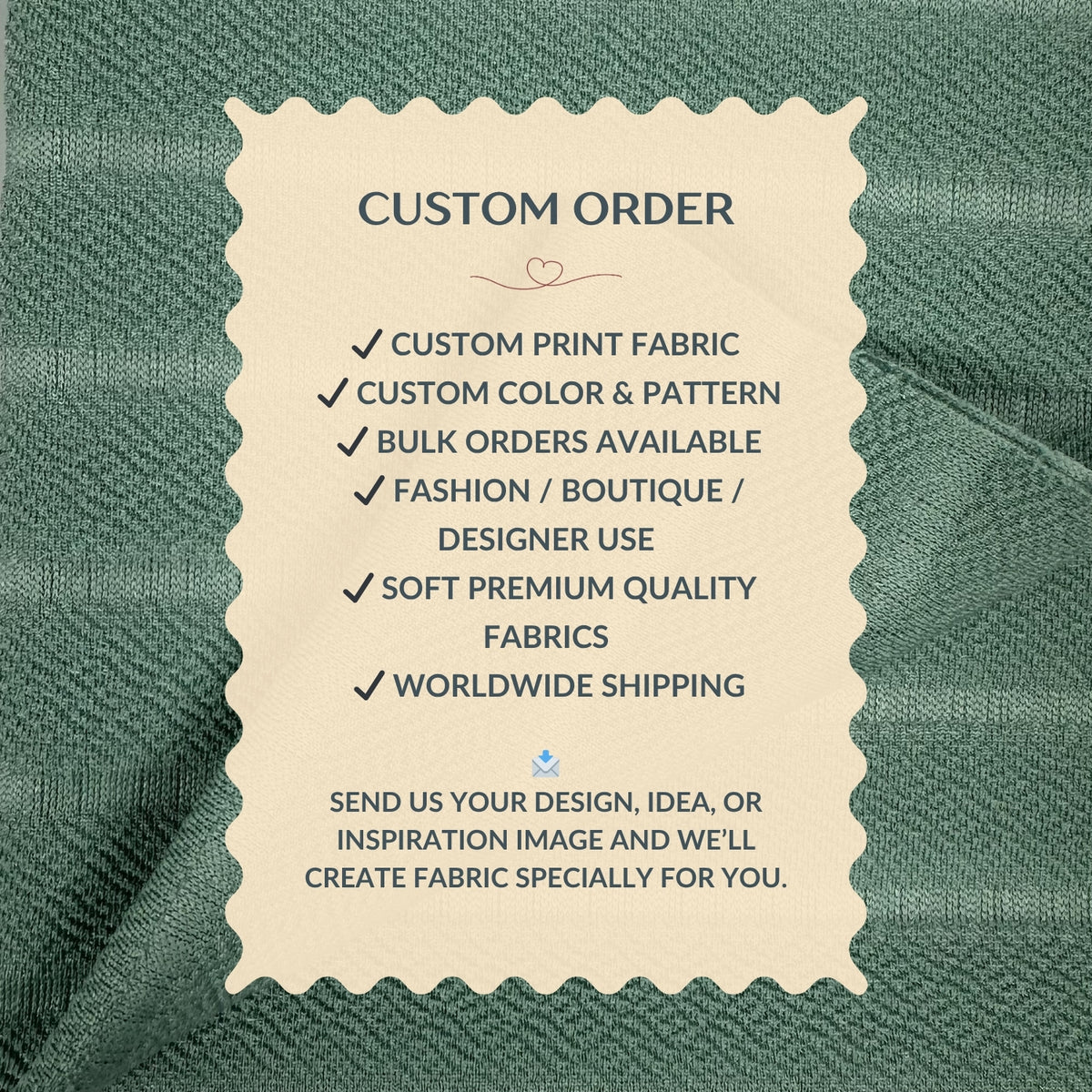 Text on a fabric background describing custom order services for fabric customization.