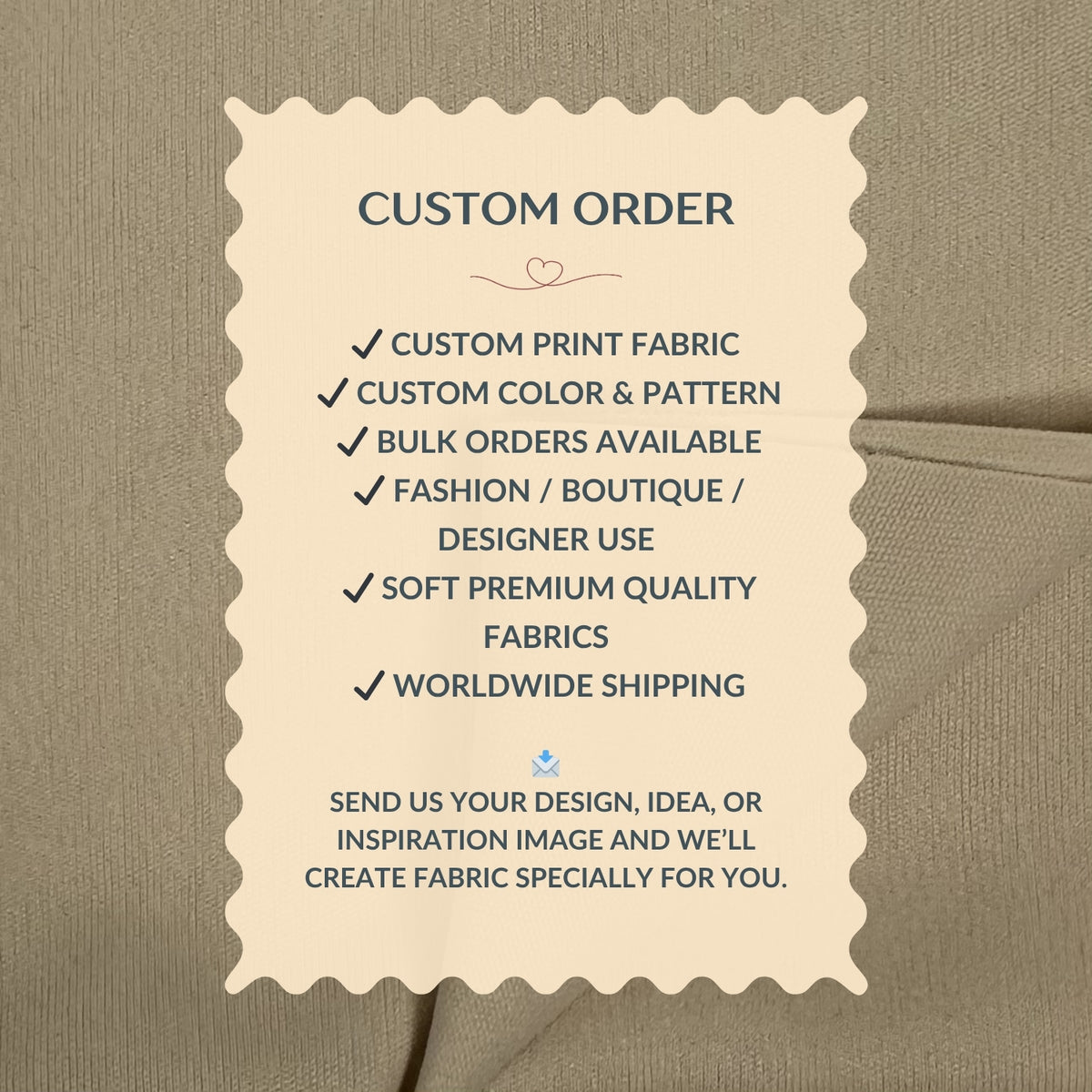 Custom order information card on a fabric background