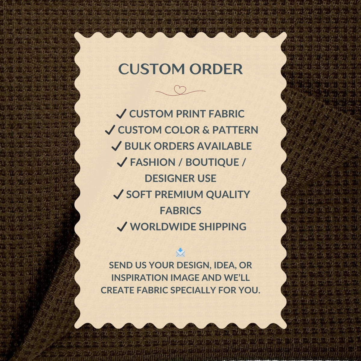 Custom order information card on a textured brown fabric background