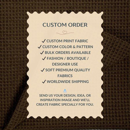 Custom order information card on a textured brown fabric background
