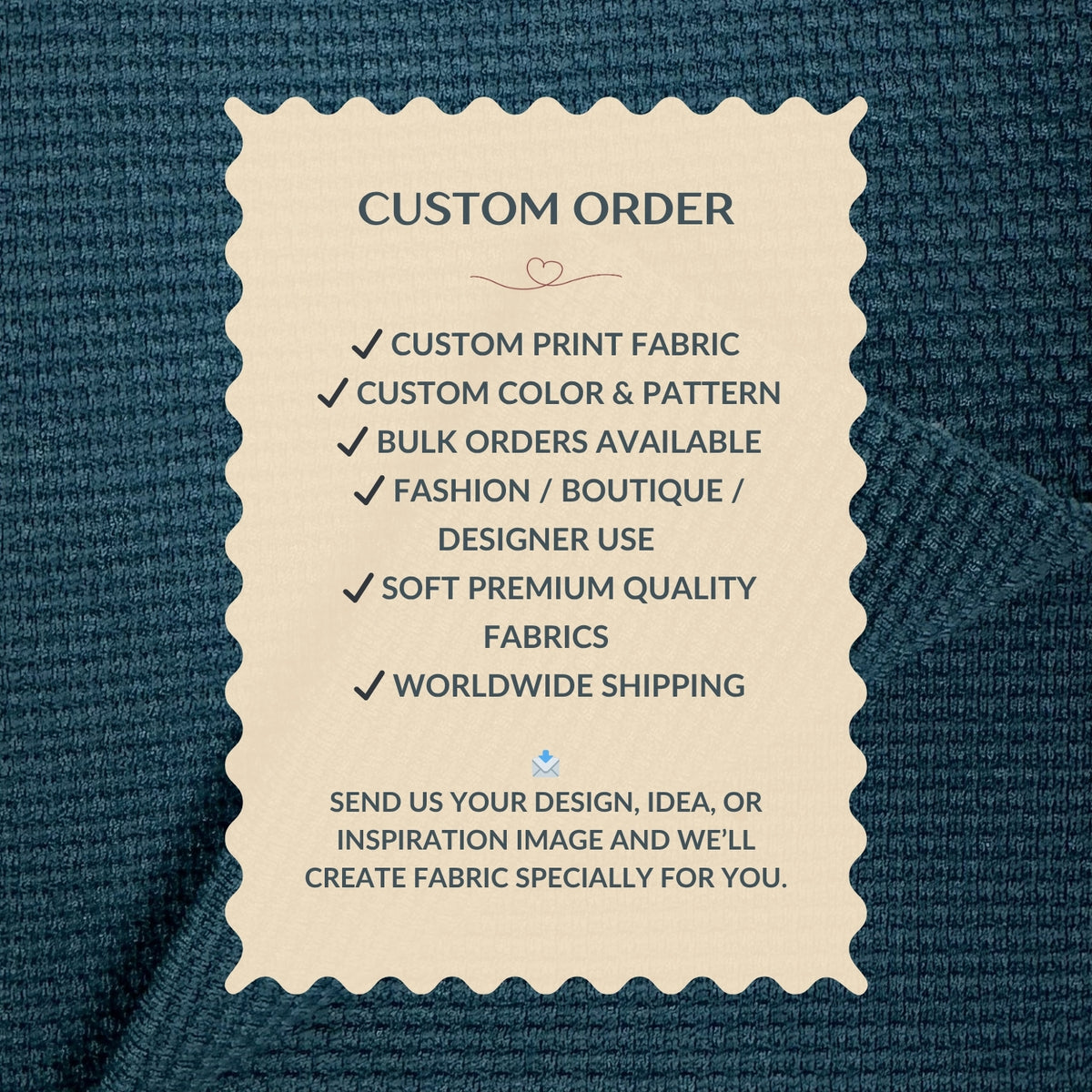 Custom order information card on a textured fabric background