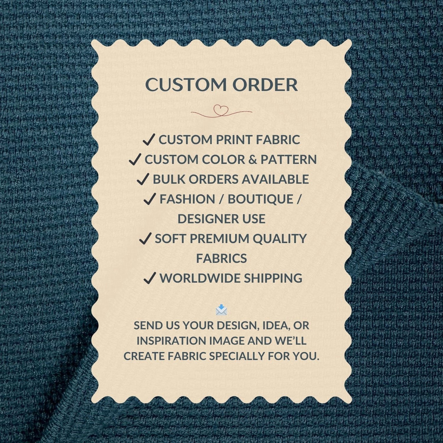 Custom order information card on a textured fabric background