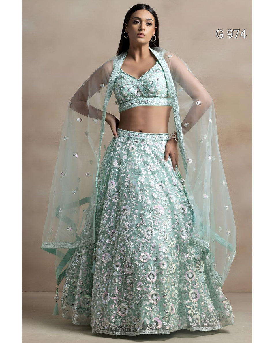 Aqua Blue Floral Embroidered Lehenga Choli G 974