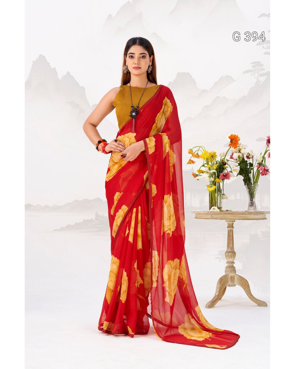 Floral Printed Chiffon Saree with Lace Border – G 394