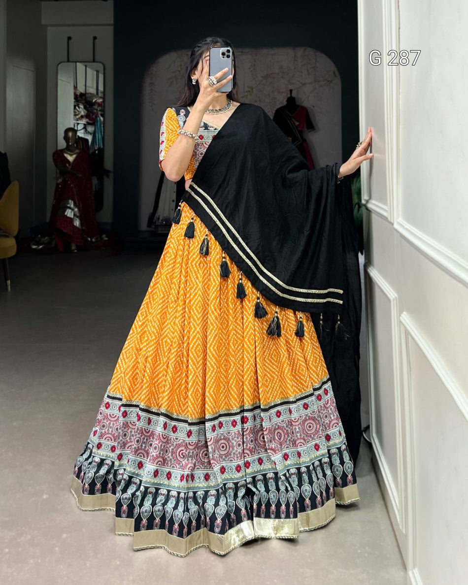 Bandhej & Ajrakh Print Rayon Lehenga with Embossed Design & Gota Lace – G 287