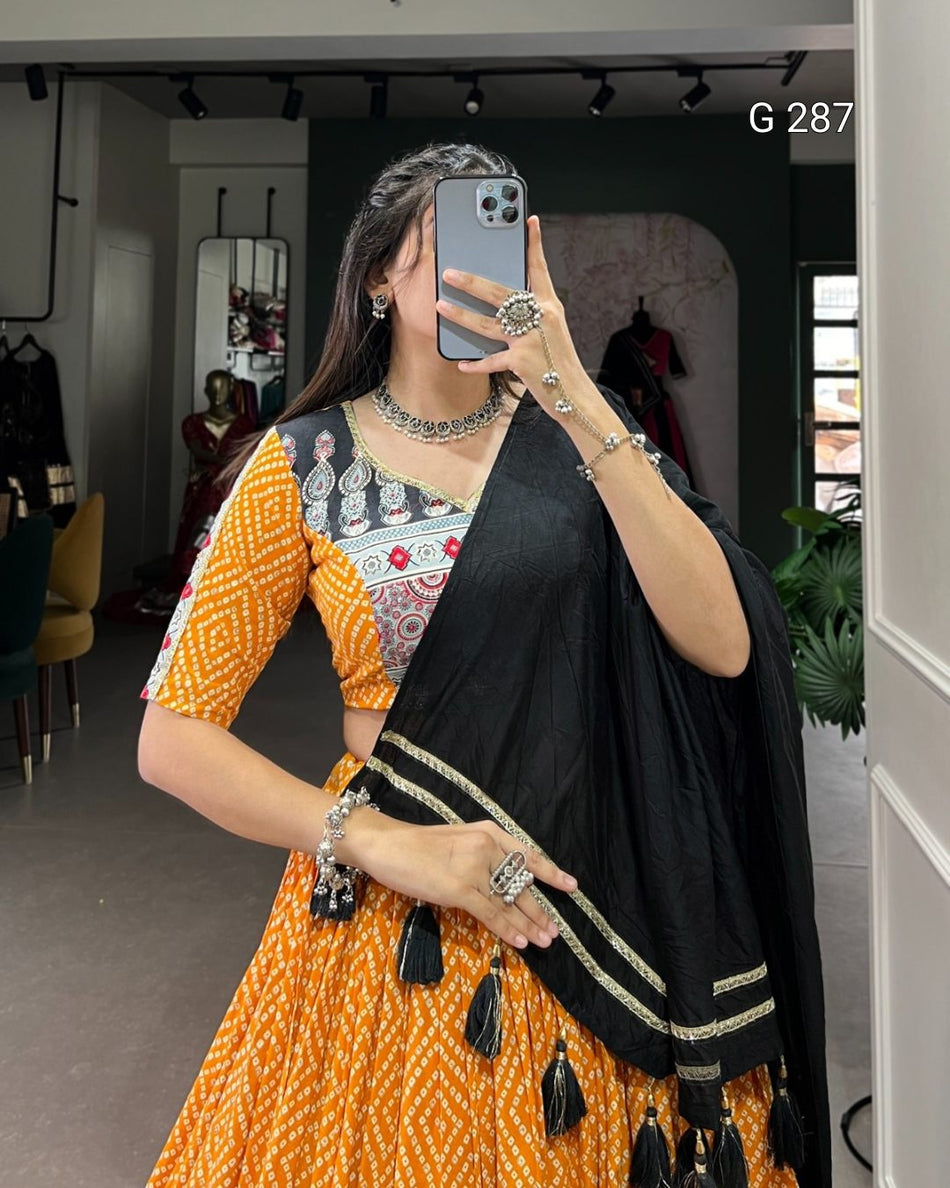 Bandhej & Ajrakh Print Rayon Lehenga with Embossed Design & Gota Lace – G 287