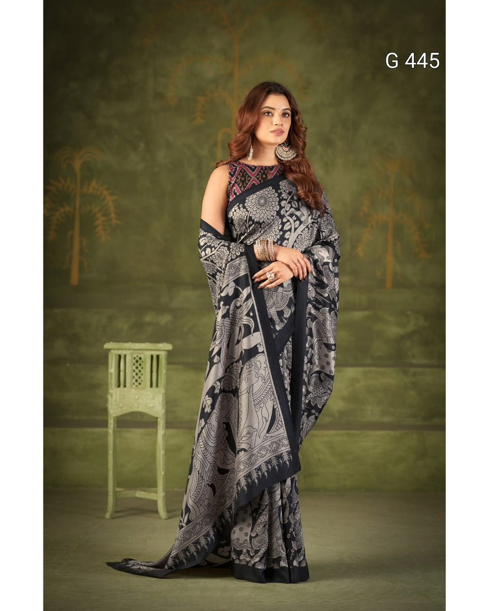 Kalamkari Print Tasar Sarees with Stylish Blouse - G 445