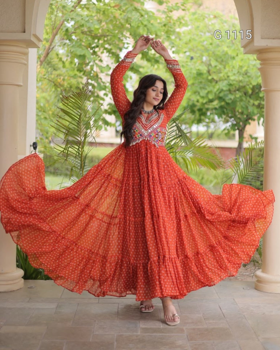 Graceful Georgette Gown with Bandhani and Patchwork - G 1115 Orange