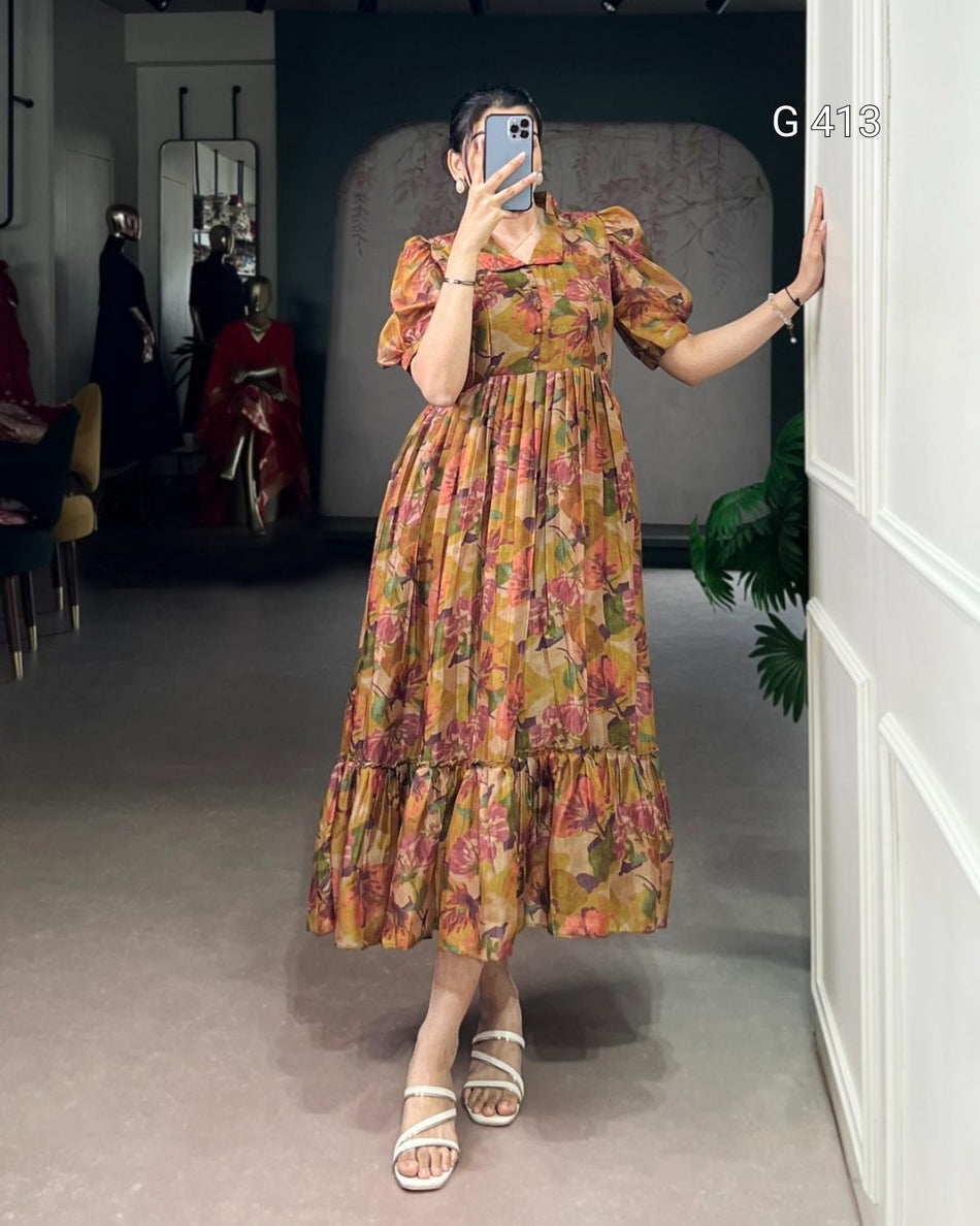 Organza Floral Printed Frock with Micro Crepe Lining – G 413