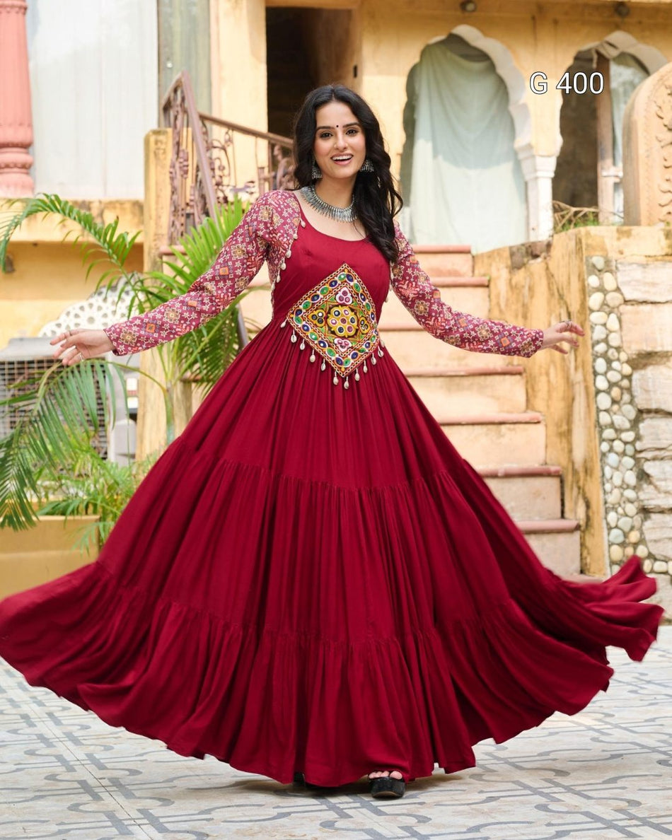 Kutchi Gamthi Embroidered Reyon Gown with Cotton Print – G 400