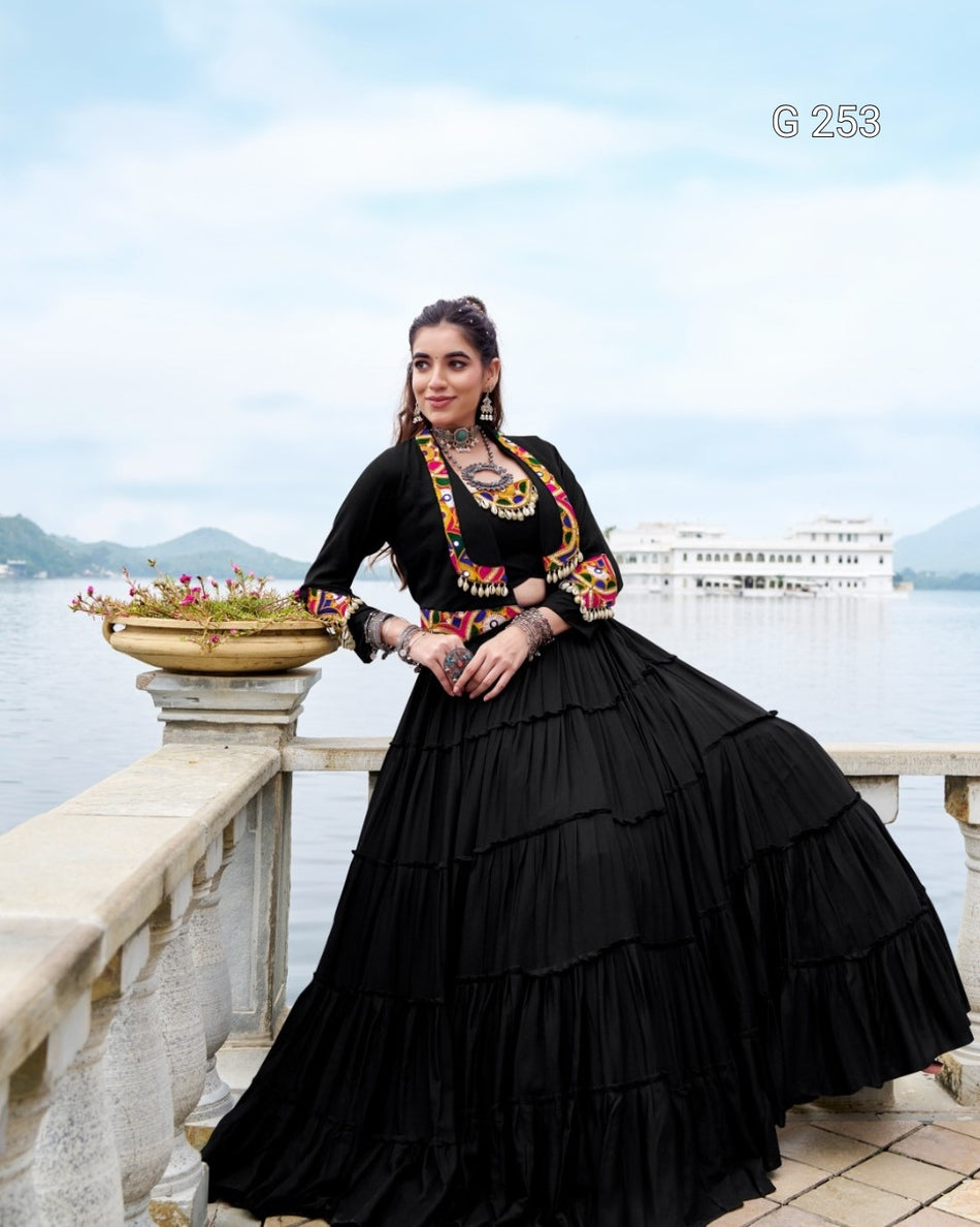 Plain Pure Rayon Lehenga with Original Mirror Gamthi Work – G 253