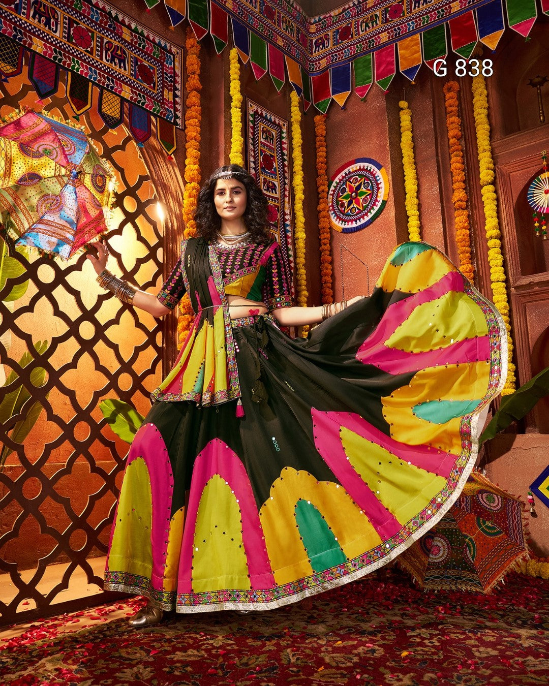 Woman in a colorful traditional outfit with a vibrant background
