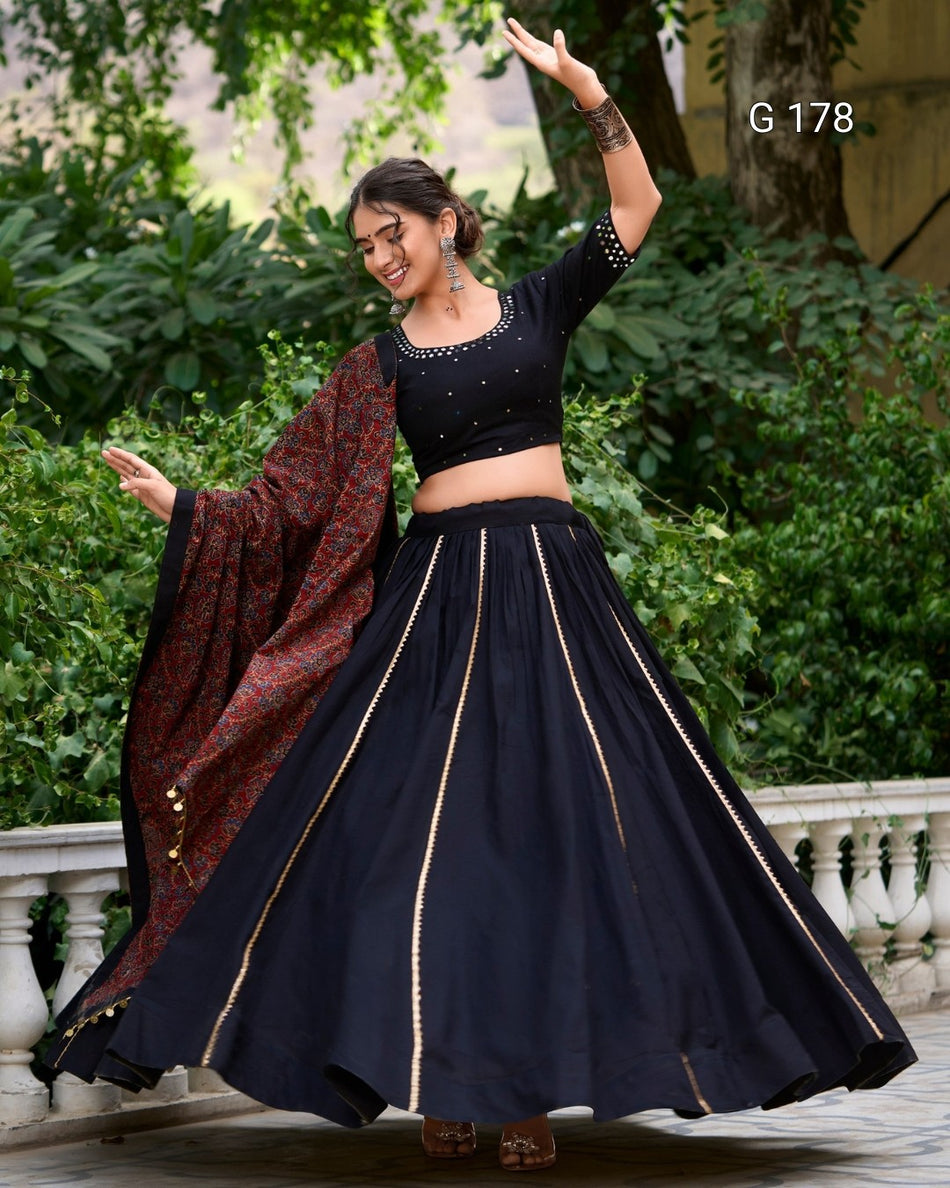 Pure Cotton Lehenga with Gota Patti Touch-Up & Real Mirror Work, Coin Lace Border Dupatta – G 178