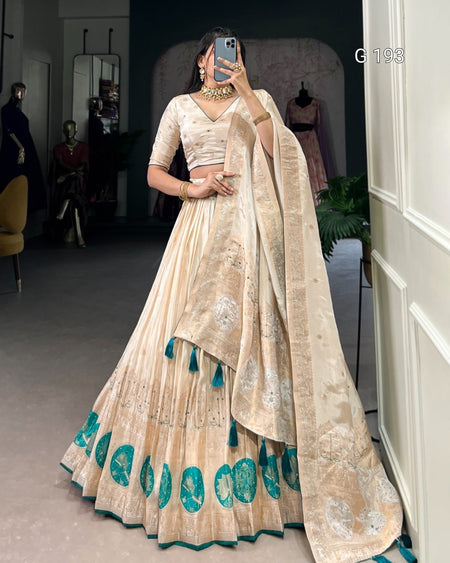 Woman wearing a beige and teal embroidered traditional outfit in a room.