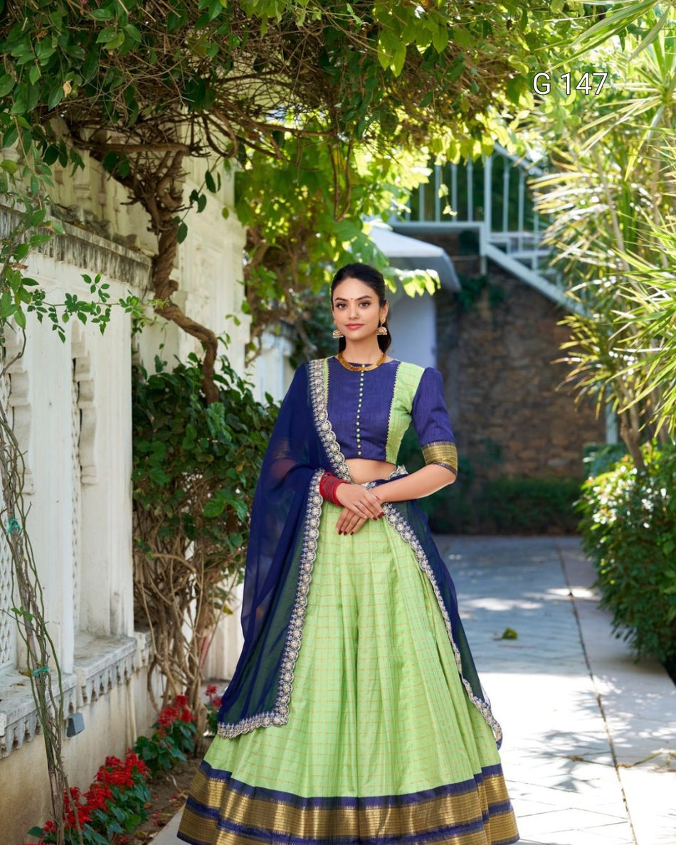Pista Zari Chex Lehenga with Zari Weaving Work & Sequins Embroidery – Bridal Lehenga Set-G 147